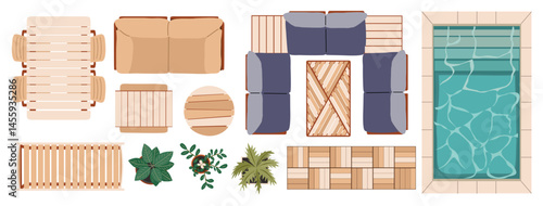 Top view of furniture icons for interior and landscape design plan. Sunbed, armchairs, table, plants, terrace, pool, patio, garden, porch zone. Vector illustrations isolated on transparent background