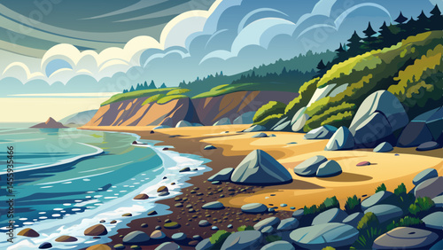 A quiet pebble beach stretches along the misty coast