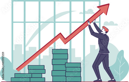 Business growth, investment success, progress or growing profit, improvement, increase or rising revenue, challenge to improve performance concept, businessman building growth chart with rising arrow.