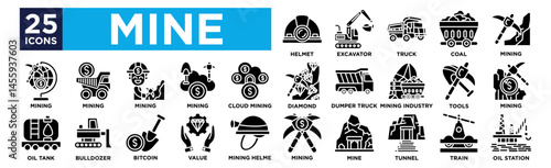 Mine icon collection set. Containing design ,Helmet ,Excavator ,Truck ,Coal ,Mining