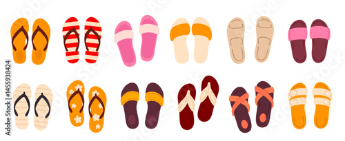 Vector collection of colorful summer flip flops and open sandals, featuring various shapes and bright color designs on white background