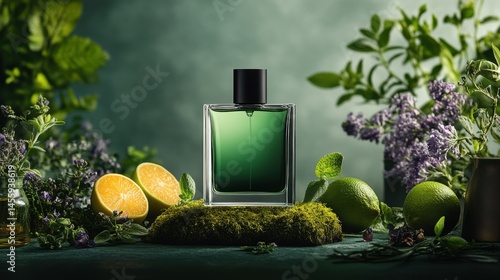 High-End Fragrance Bottle with Natural Elements on Light Cyan Background – Clean and Elegant Style