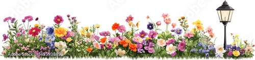 Grass and flowers with garden lights on the right side. Design for greeting cards and invitations for weddings, birthdays, Valentine's Day, Mother's Day and other holidays.