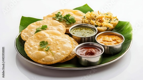 Colorful South Indian feast with poori, chutneys, and curries, presented beautifully in a traditional steel thali setting