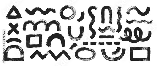 Set of organic funky shapes with brush or chalk texture. Triangle, circle and zigzag. Vector illustration.