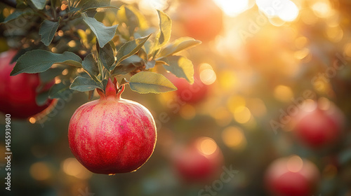 Pomegranate fruit hanging on a tree branch with warm sunlight during golden hour at an orchard