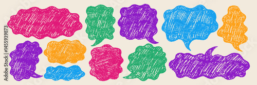 Doodle speech bubbles drawn in a sketch style with organic texture. Cute text boxes with chalk and crayon texture for a chat or dialog. Color vector illustration in retro style.
