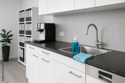 Moderne Büroküche mit Reinigungsausstattung