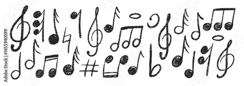 Set of hand drawn music notes with crayon, pastel or chalk texture. Cute doodle elements for kids or decorations. Vector illustration.