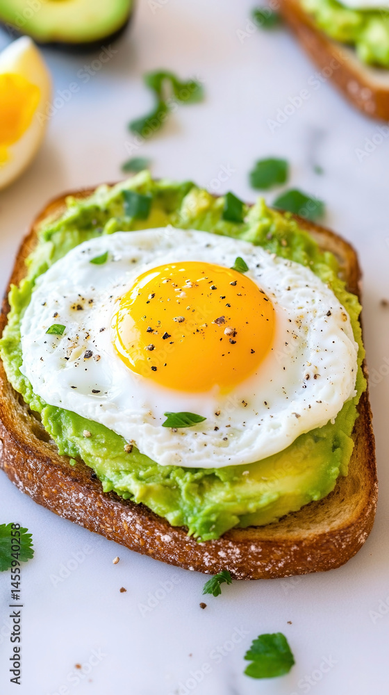 Delicious grain toast topped with creamy avocado and a sunny side up egg garnished with herbs Delicious grain toast topped with creamy avocado and a sunny side up egg garnished with herbs
