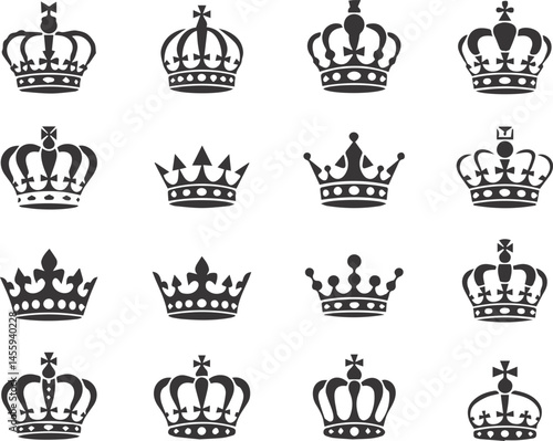 Crown icon collection royalty symbol designs imperial authority monarch headwear black silhouettes