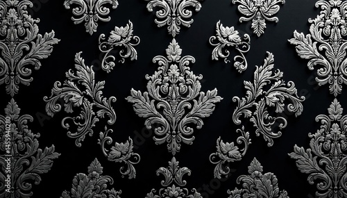 Symmetrical paisley and leaf damask pattern, silvery-grey on black , wallpaper, tapestry, ornament