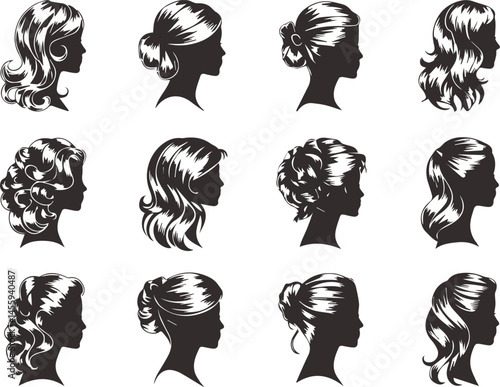 Silhouette collection of elegant female hairstyles variety of woman hairdos