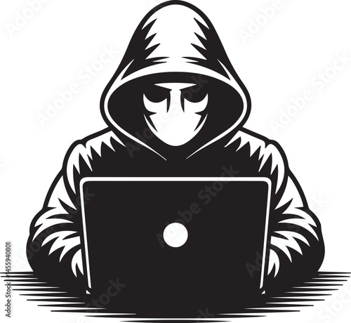 Hacker silhouette with laptop concept of cybercrime and information security black and white