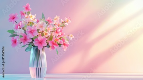 Lush pink flowers arranged in tall vase, serene pastel wall behind them, symbolizing simplicity, grace, and calm