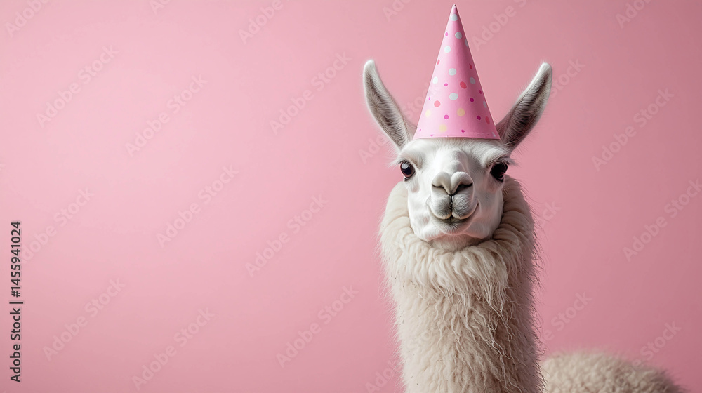 Obraz premium A white llama in a pink party hat with colorful polka dots on a pink background.