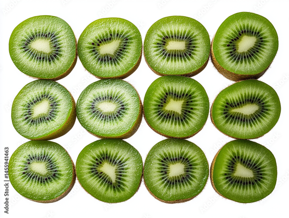 Fototapeta premium Sliced kiwi fruit with vibrant green color, isolated on white, fresh and clean.