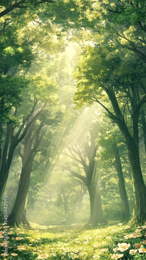 Obraz premium Sunlit forest path with yellow flowers tranquil nature scene green woodland illustration