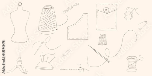 Tailor tools and accessories line icons set. Hand drawn retro equipment of seamstress to sew dress. Sewing, needlework, mascot, icons of designer and tailor workshop collection.