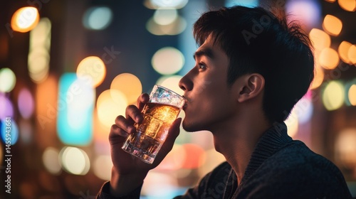 Young Asian man is seen in a photo, drinking alcohol. The background is blurred.
