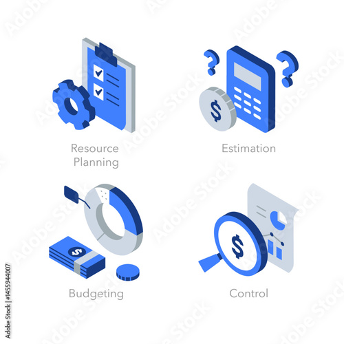Simple set of isometric flat icons for cost management. Contains such symbols as Resource Planning, Estimation, Budgeting and Control.