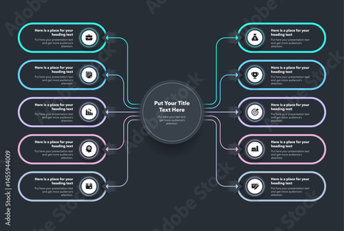 Flowchart infographic with central circle and ten options - dark version. Flat chart design with thin lines for website or data presentation.