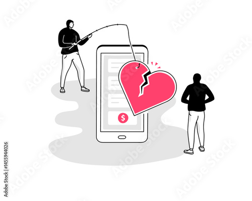 Romance scam symbol with a smartphone and a deceived broken heart. Flat design, easy to use for your website or presentation.