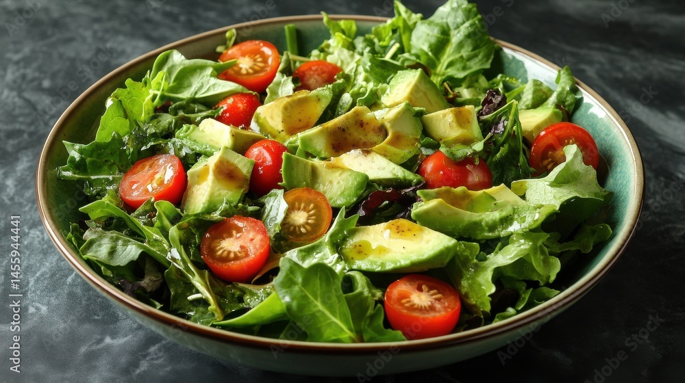 Vibrant salad bowl with greens, tomatoes, avocado and vinaigrette Vibrant salad bowl with greens, tomatoes, avocado and vinaigrette