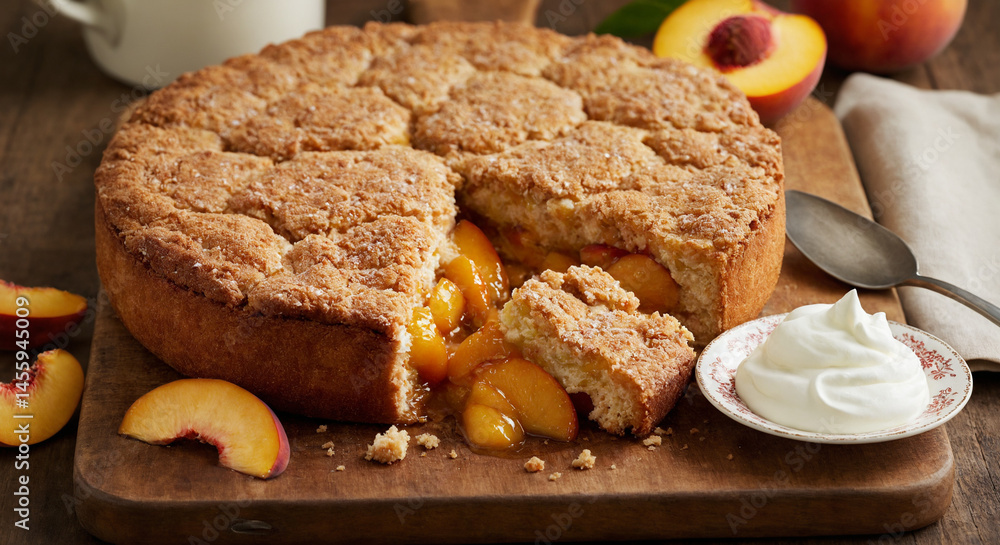 Fototapeta premium Peach cobbler with whipped cream and scattered peach slices