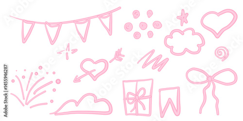 Hand drawn cute girly coquette elements, bows, garlands, clouds and scribbles. Feminine decor for bullet journal