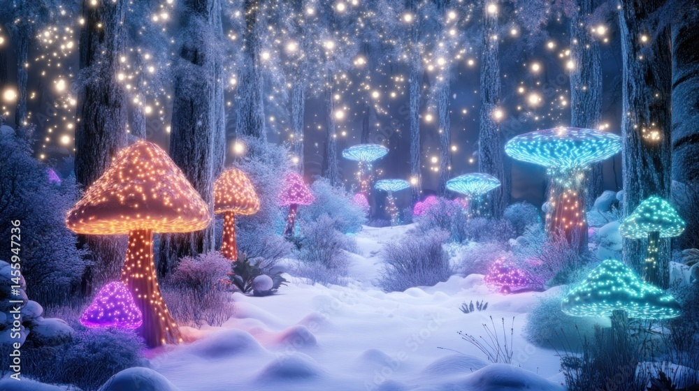 Fototapeta premium A Glowing Mushroom Snowscape