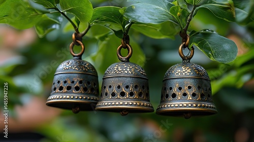 Silver bells chime softly in a gentle breeze, their melodious sound echoing through a peaceful village.