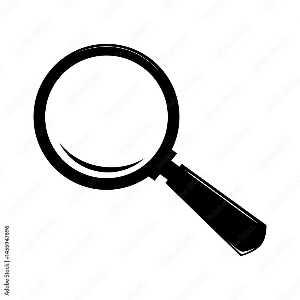 Black magnifying glass icon. The magnifying glass is depicted with a circular lens and a handle extending from the bottom right of the circle. Black magnifying glass icon. The magnifying glass is depicted with a circular lens and a handle extending from the bottom right of the circle.