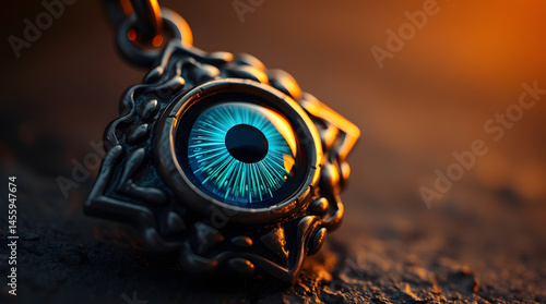 Mystical evil eye talisman blue eye pendant with intricate gold geometric design, nazar amulet close-up