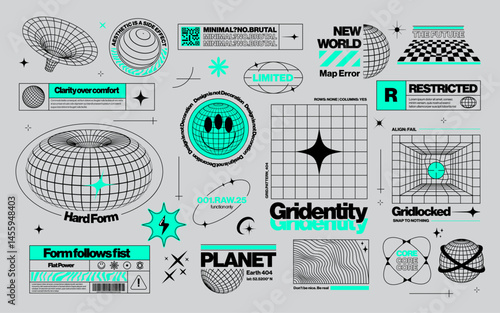 Brutalist graphic assets set in acid style, retro futuristic background with wireframe elements of different forms, bold modern shapes for design template, poster, stickers, banner in Y2k style
