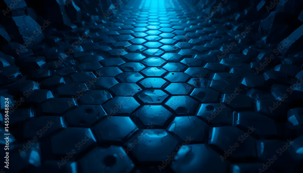 Fototapeta premium Abstract Hexagon Tunnel Dark Blue Glowing Pathway, Futuristic Sci-Fi Corridor, Digital Art, 3D Render