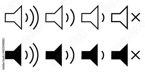 Sound volume icons set with different levels on white background, Speaker icon vector Sound icon, audio control icon set.