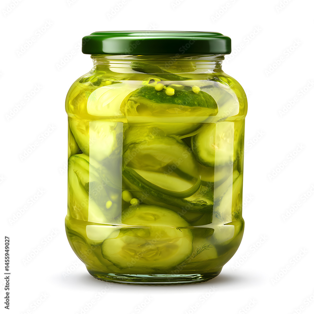 Glass jar with pickled cucumbers isolated on white Glass jar with pickled cucumbers isolated on white