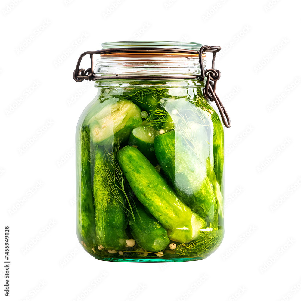 Glass jar with pickled cucumbers isolated on white Glass jar with pickled cucumbers isolated on white