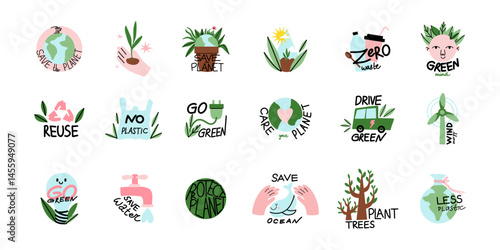 Save planet. Earth environmental care. Icon or sticker collection. Green energy, stop pollution, reuse and recycled. Eco friendly, ecology elements. Vector cartoon flat isolated illustration set