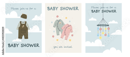 Baby shower invitation. Card design. Pastel newborn party with clothes and toys. Cute poster or print. Decorative banners. Happy birthday. Vector cartoon flat isolated illustration set
