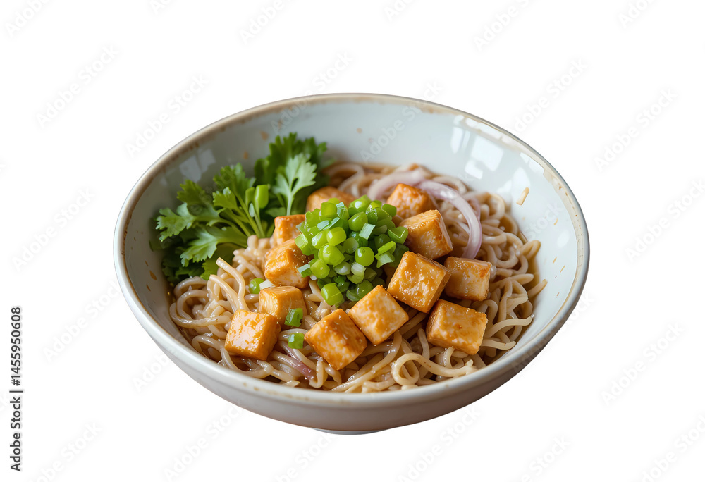 Fusion Vietnamese bún noodle bowl with fried tofu, pickled daikon, and peanut dressing. Fusion Vietnamese bún noodle bowl with fried tofu, pickled daikon, and peanut dressing.