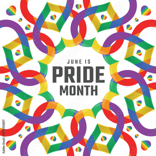 June is pride month Text in circle rainbow heart ring cross ring texture around background vector design