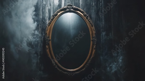 Antique oval mirror with ornate gold frame and atmospheric smoke effect