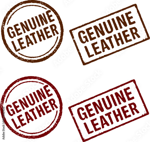 Vintage Red Ink Stamp Vector Set – Genuine Leather Stamp Designs in Round and Rectangular Shapes – Distressed Grunge Style