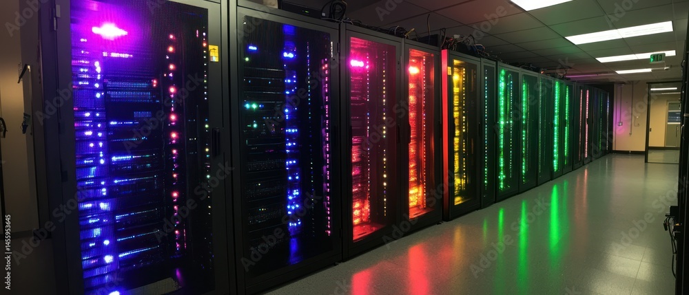Row of server racks sit neatly in data center, displaying illuminated colorful panels, showcasing modern technology. Row of server racks sit neatly in data center, displaying illuminated colorful panels, showcasing modern technology.