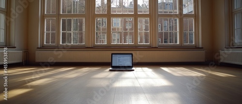 Laptop sits on wooden floor in empty room with large windows, radiating serene and tranquil atmosphere.