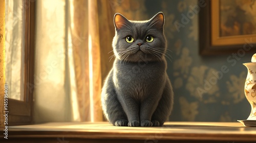 Adorable Gray Cat Sitting on a Wooden Table in a Sunlit Room with Vintage Decor