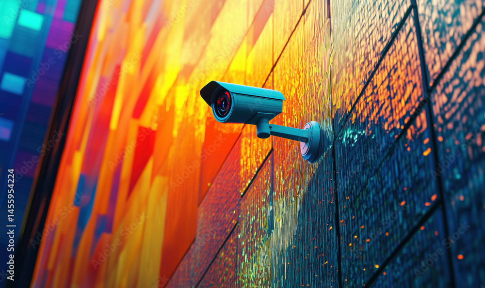 Surveillance camera mounted on colorful urban wall with vibrant abstract patterns.