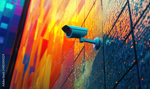 Obraz na płótnie Surveillance camera mounted on colorful urban wall with vibrant abstract patterns. w salonie